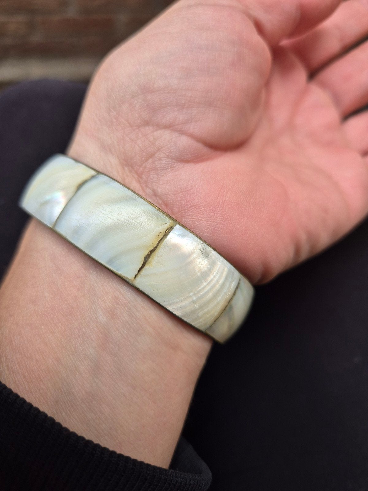 Vintage heel mooie koperen parelmoer brede armband, Ophalen of Verzenden