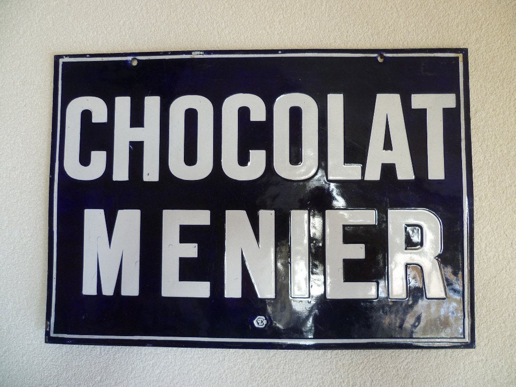 EMAILLE DUBBELZIJDIG RECLAMEBORD"CHOCOLAT MENIER"JAREN 50/60, Ophalen of Verzenden, Gebruikt, Reclamebord