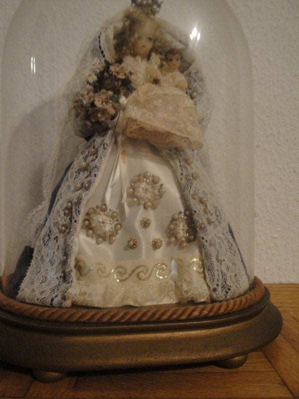 Mariabeelden glazen koepel vintage - 'Brugse stijl', Ophalen, Vintage, Gebruikt, Meerkleurig