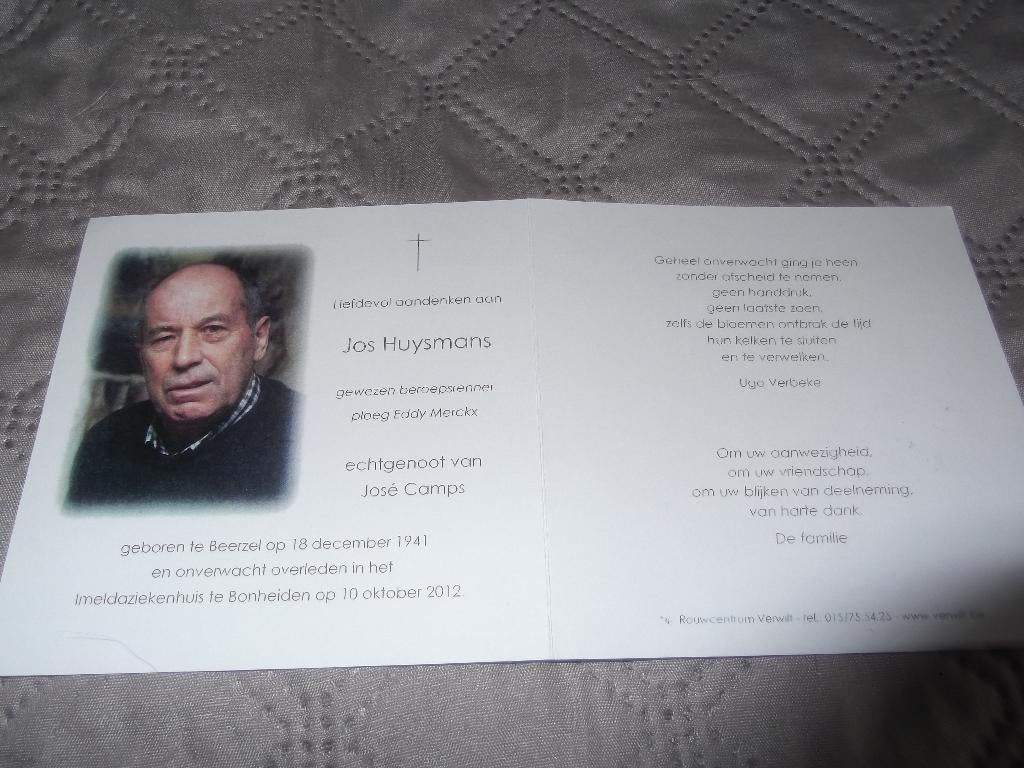 bidprentje Jos Huysmans : (Belgisch wielrenner), Enlèvement ou Envoi, Image pieuse