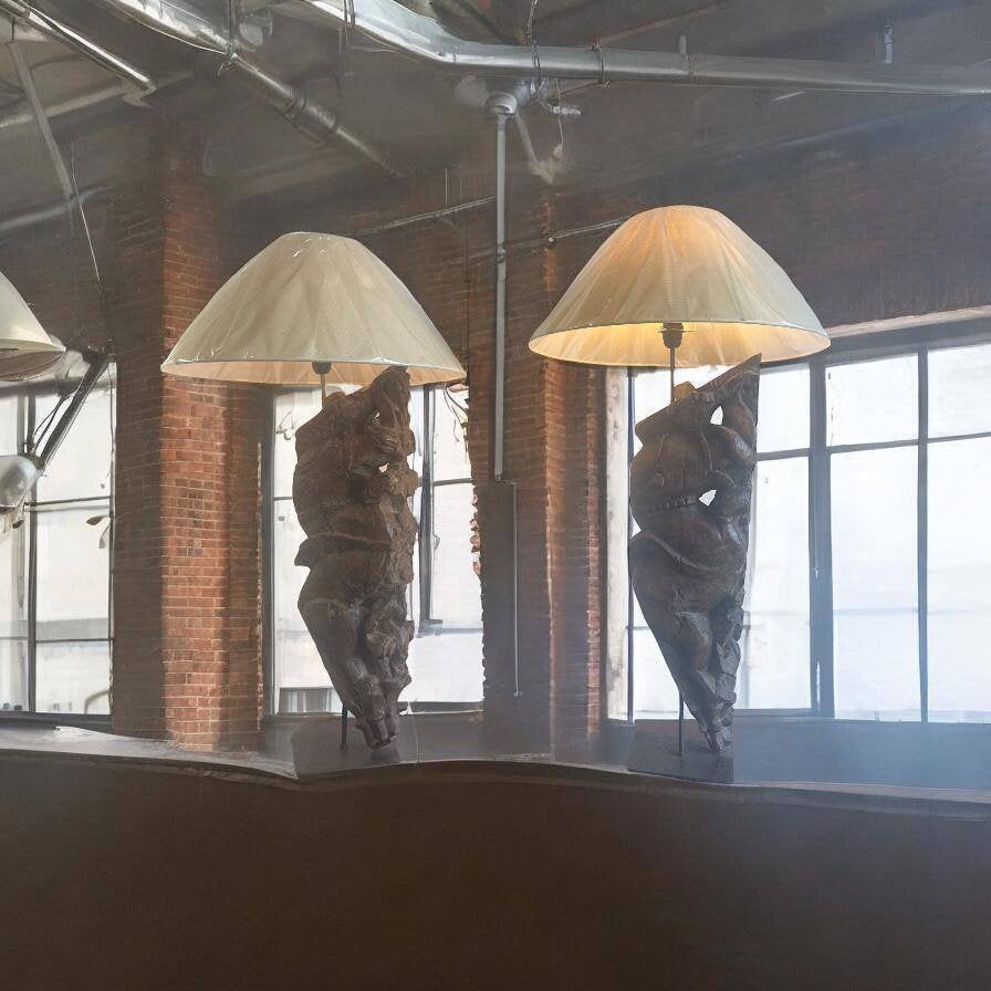 Set van 2 vintage XL brutalist tafellampen / verlichting, Huis en Inrichting, Ophalen, Hout, Vintage
