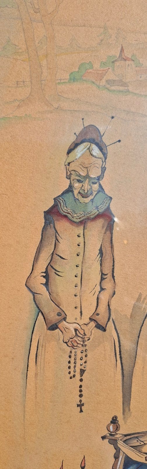 BONNEVALLE Oscar " De verering van Maria" gouache en aquarel, Antiek en Kunst, Ophalen of Verzenden, Aquarel, Papier