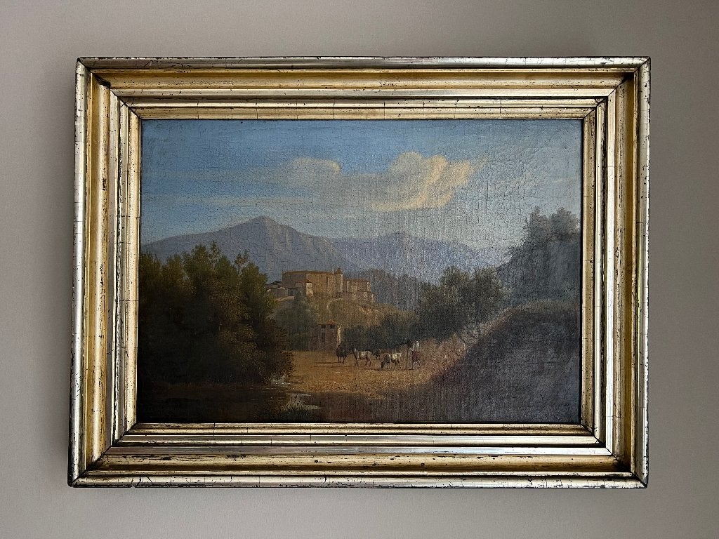 Antiek 19e-Eeuws Olieverfschilderij – Italiaans Landschap, Antiek en Kunst, Ophalen, Doek, Origineel werk, Landschap