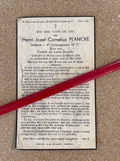 40-45 SOLDAT 9LINIEREG PLANCKEWATOU + YPRES 28/5/1940, Enlèvement ou Envoi, Image pieuse