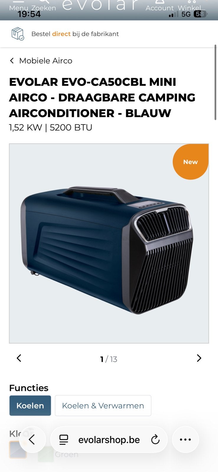 EVOLAR EVO-CA50CBL MINI AIRCO - DRAAGBARE Airco, Ophalen, Zo goed als nieuw, Ventileren, Mobiele airco