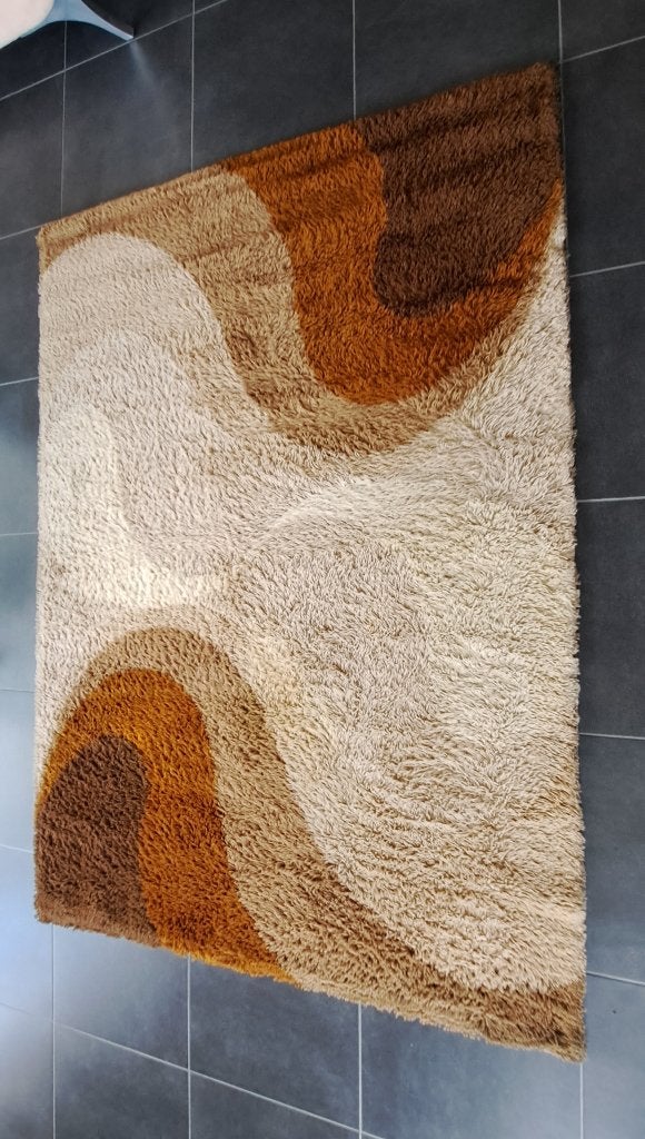 Vintage vloerkleed van Rya BERGOSS — Pure Wol — jaren 70, Ophalen, Gebruikt, 100 tot 150 cm, Beige