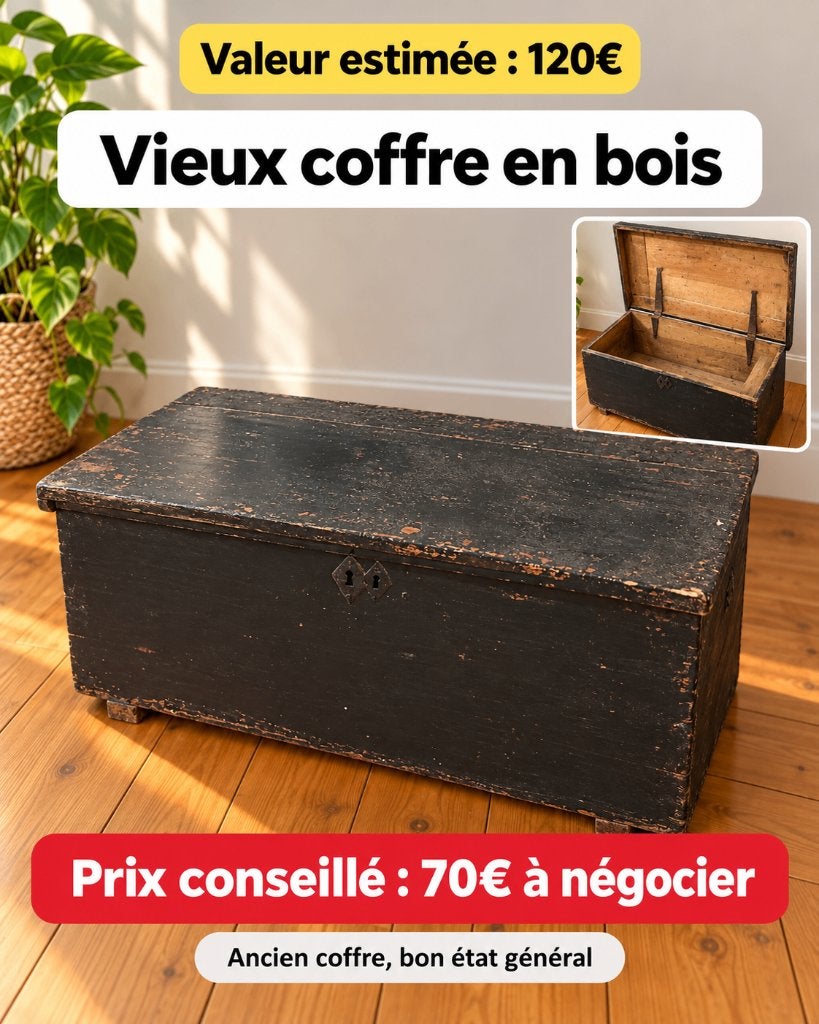 Vieux coffre en bois, Maison & Meubles, Enlèvement, Utilisé