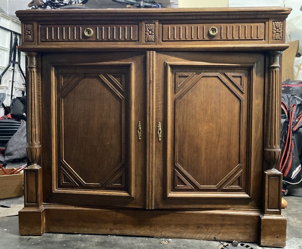 Antieke Notenlaar dressoir met marmer blad, 100 tot 150 cm, Met lade(s), 50 tot 75 cm, Ophalen
