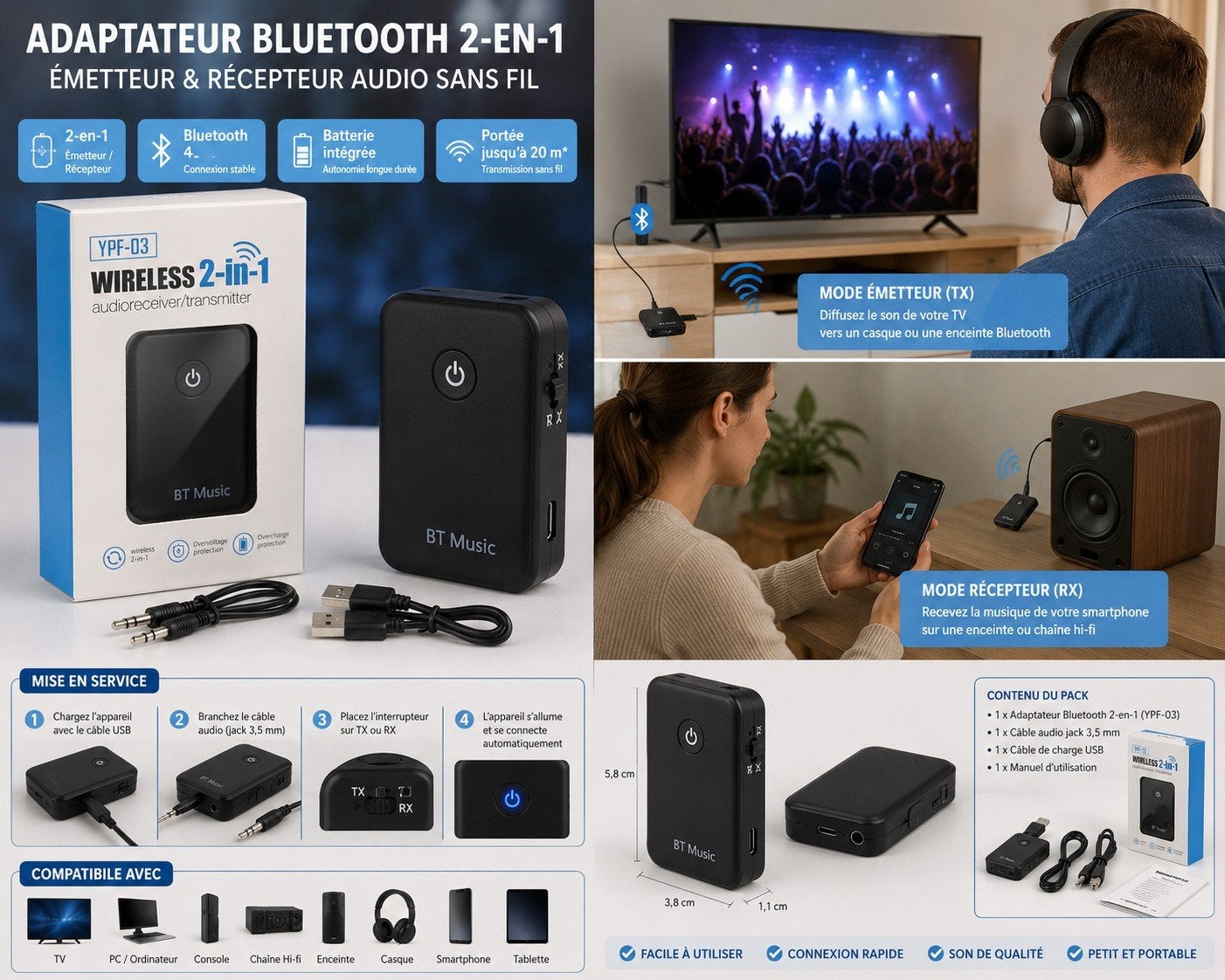 Adaptateur Bluetooth 2-en-1 YPF-03 – Émetteur / Récepteur Au, Enlèvement, Neuf