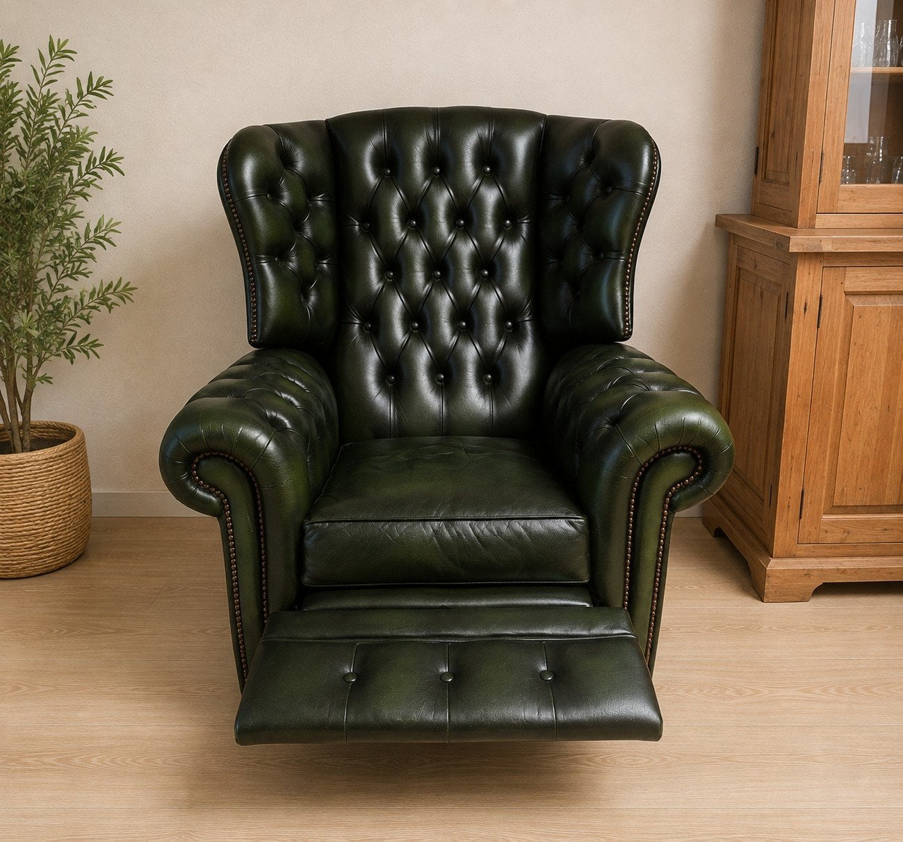 “Prachtige groene lederen Chesterfield relaxfauteuil, Huis en Inrichting, Ophalen, Chesterfield, Zo goed als nieuw, 75 tot 100 cm