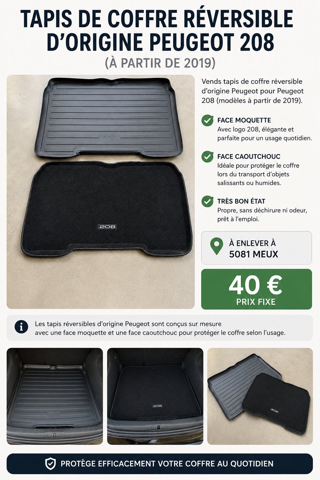 Tapis de coffre réversible d’origine Peugeot 208, Enlèvement