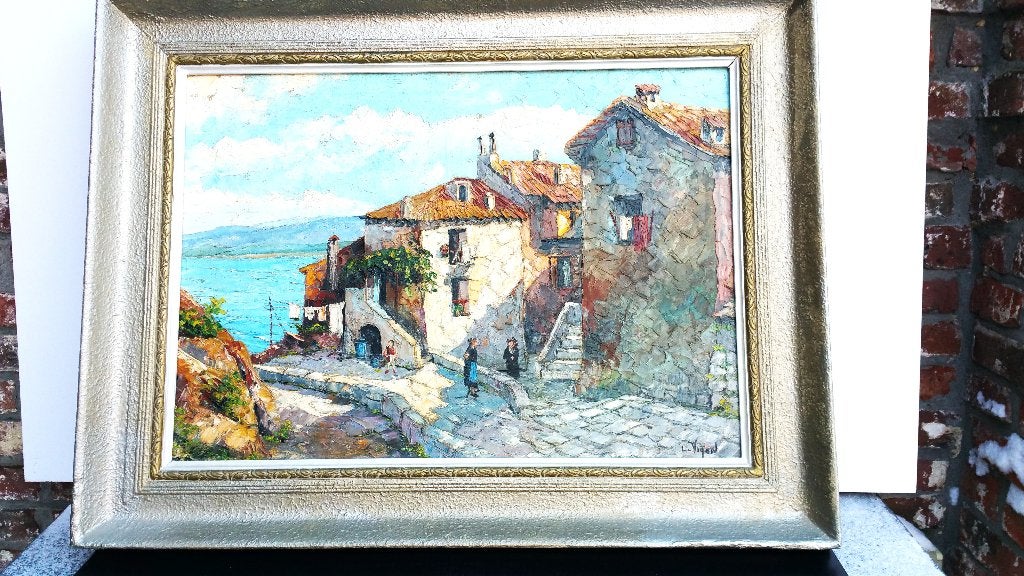Vue de village Corse Calvi huile sur toile Louis Vigon, Textile, Peinture à l'huile, Paysage urbain, Signé