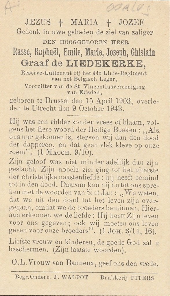 Oorlog 1940-45 Graaf de Liedekerke gefusilleerd 1943, Verzenden