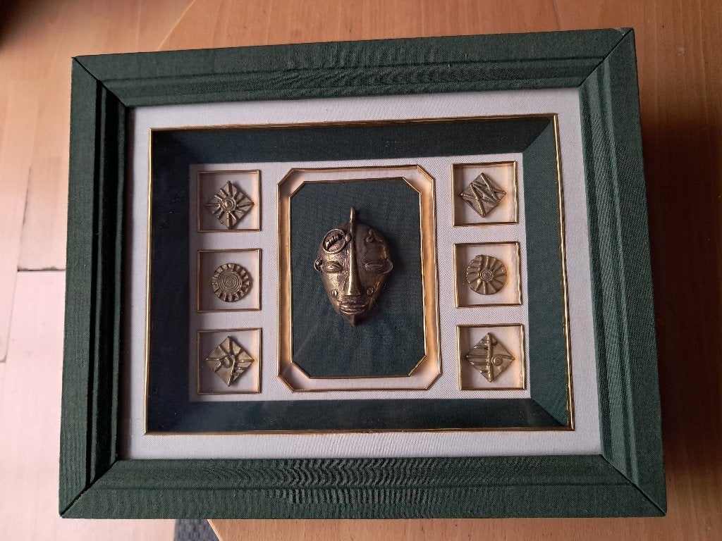 houten kader met etnisch tableau, met oa Afrikaans maskertje, Antiek en Kunst, Kunst | Niet-Westerse kunst, Afrika, Ophalen of Verzenden