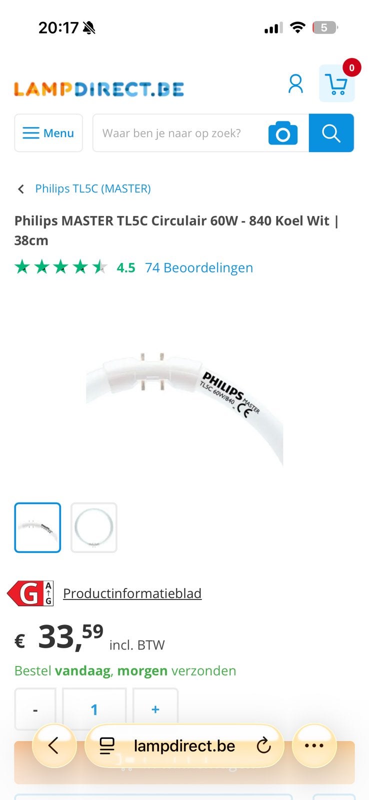 6 lampen type Philips MASTER TL5C Circulair 60W - 38cm, Ophalen, Zo goed als nieuw, Led