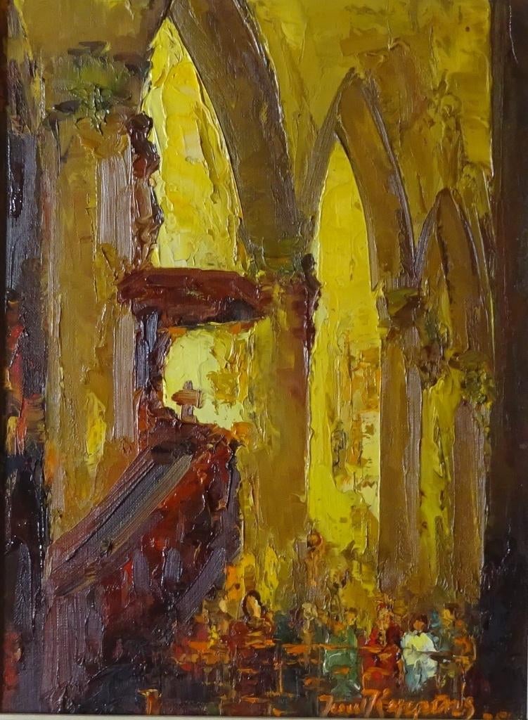 Juul Keppens, 40x30 cm, doek, Kerkinterieur '75, Antiek en Kunst, Ophalen of Verzenden