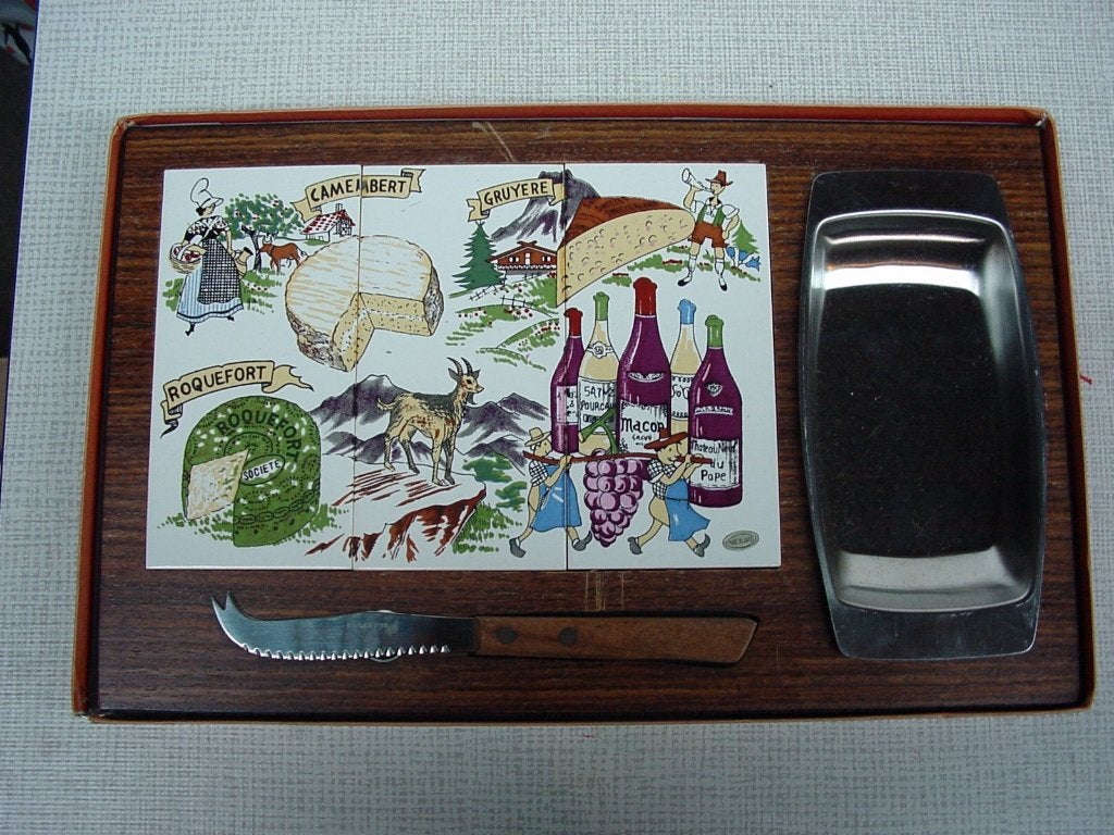 vintage houten kaasschotel + mes en schaaltje nieuw in doos, Ophalen of Verzenden