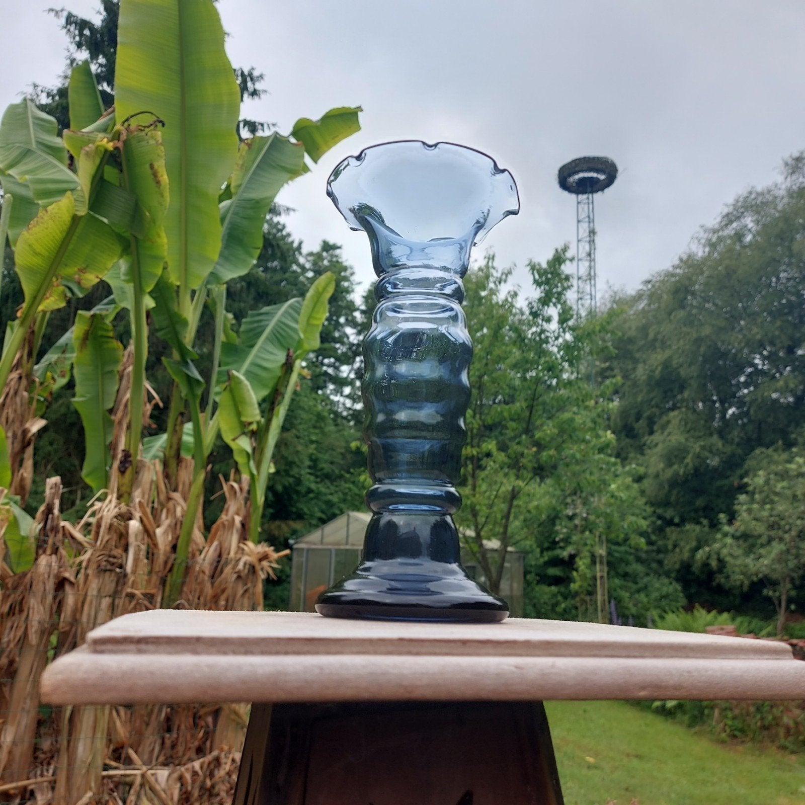 Vintage blauw/grijs glas vaas /met horizontale ribben, Ophalen of Verzenden