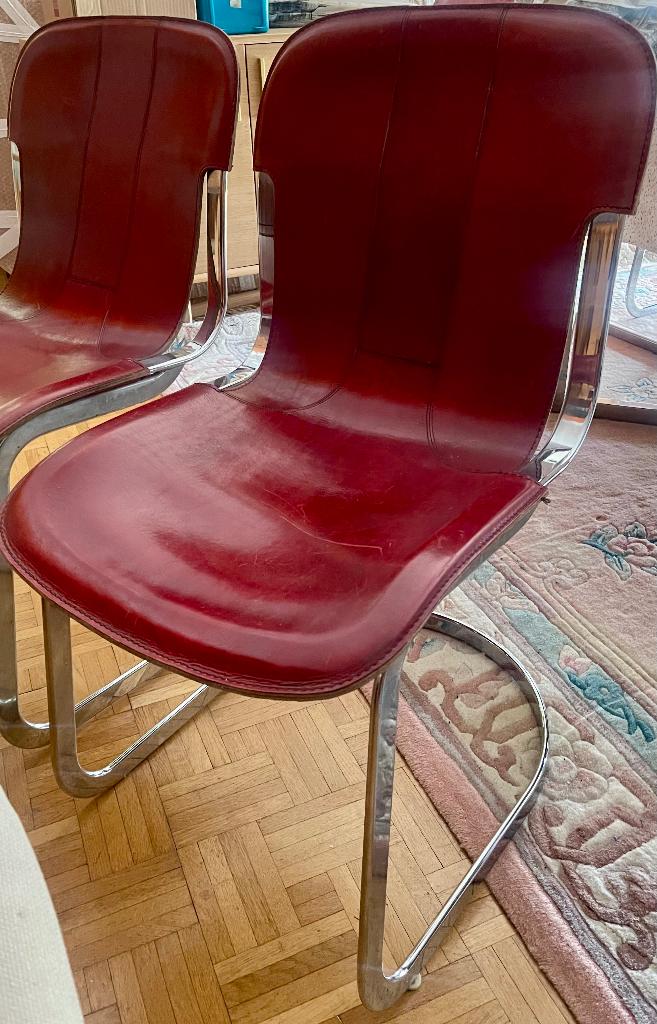 6 bordeauxrode leren Cidue-stoelen van Willy Rizzo, Huis en Inrichting, Stoelen, Gebruikt, Vijf, Zes of meer stoelen, Leer, Metaal