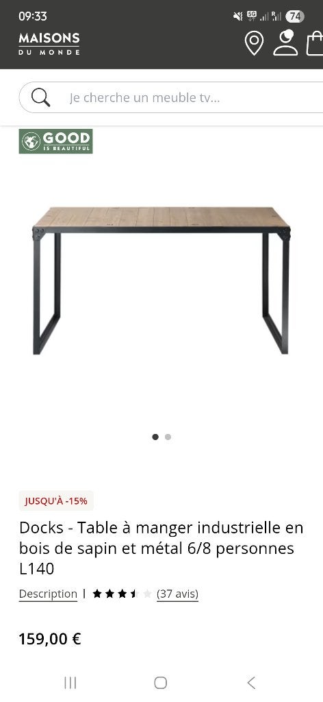 Eettafel in hout en zwart metaal | Maisons du Monde, Huis en Inrichting, Tafels | Eettafels, Ophalen, Grenenhout, Gebruikt, 100 tot 150 cm