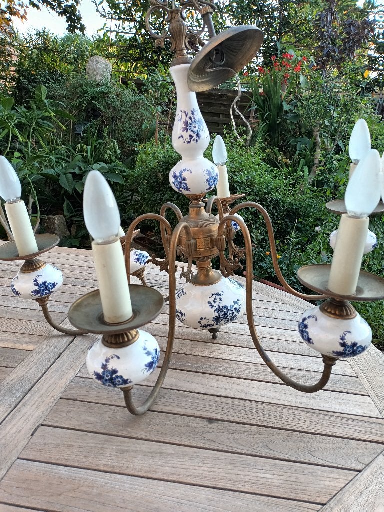 Oudere 6-armige lamp, koper en Delfts blauw, Huis en Inrichting, Lampen | Kroonluchters, Gebruikt, Keramiek, Metaal, Ophalen