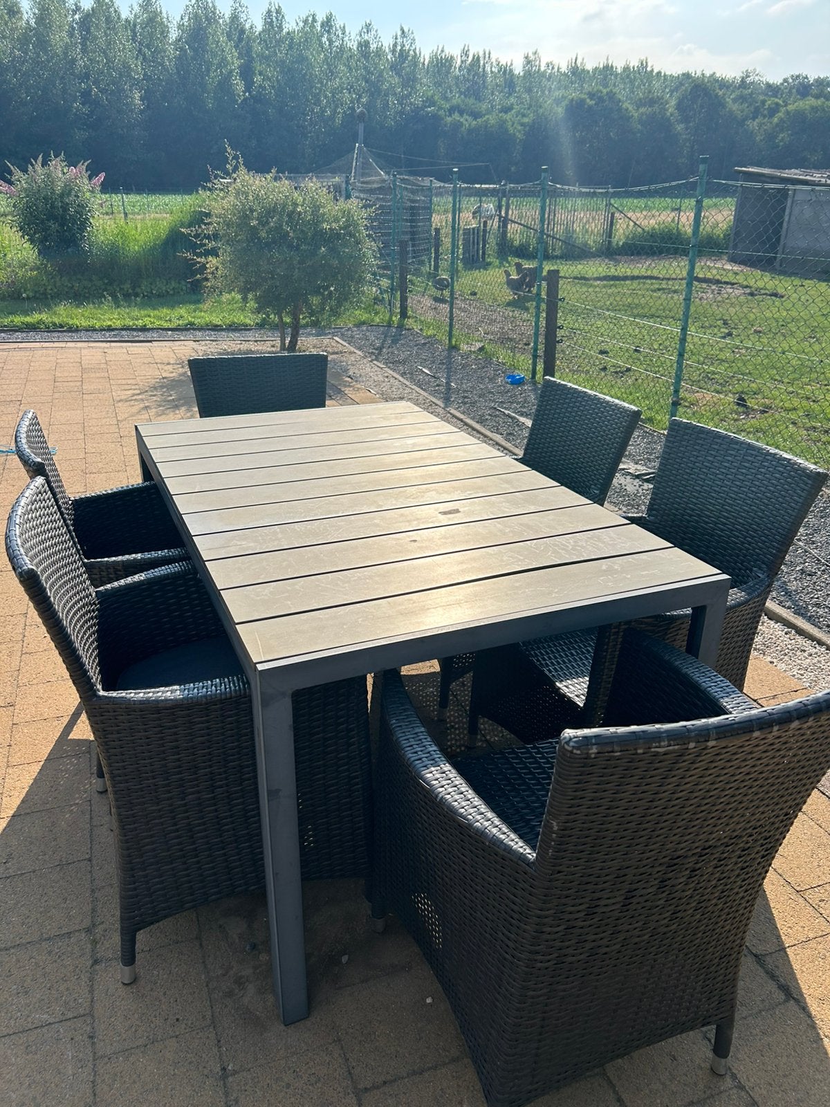 Tuinset met 6 stoelen + kussens – €275, Ophalen, Eettafel, 6 zitplaatsen, Zo goed als nieuw