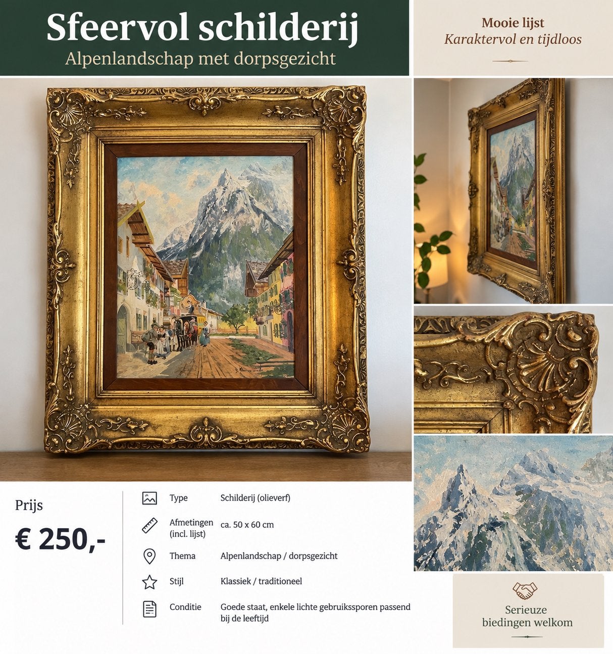 Klassiek schilderij Alpenlandschap met dorpsgezicht, Antiek en Kunst, Ophalen of Verzenden, Klassiek