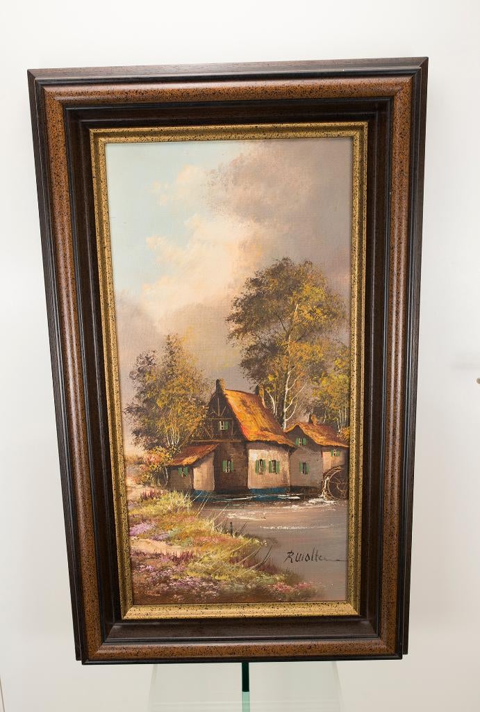 Olieverfschilderij landschap met watermolen gesigneerd, Ophalen of Verzenden