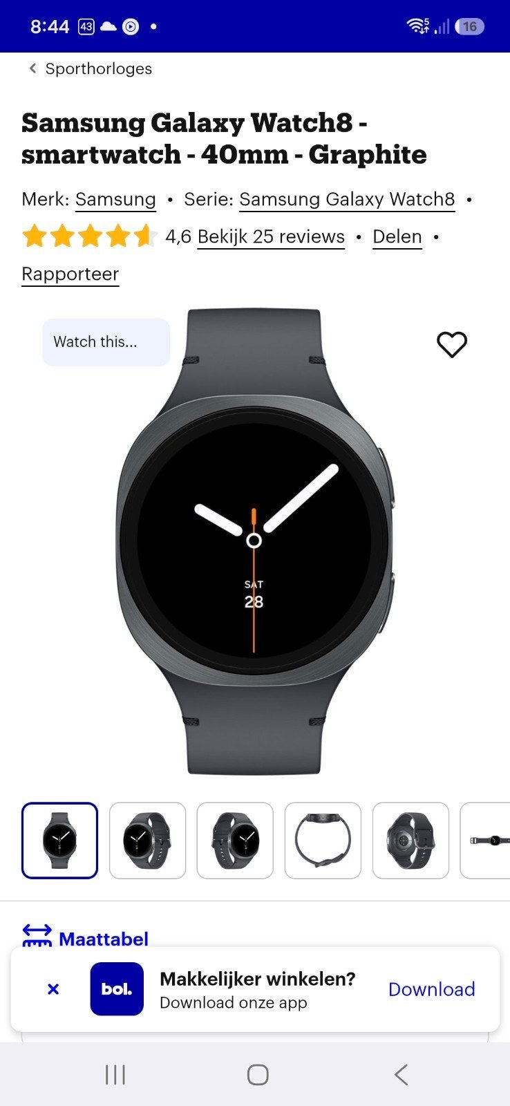 samsung 8 watch, Handtassen en Accessoires, Smartwatches, Ophalen, Gebruikt, Zwart, Waterdicht