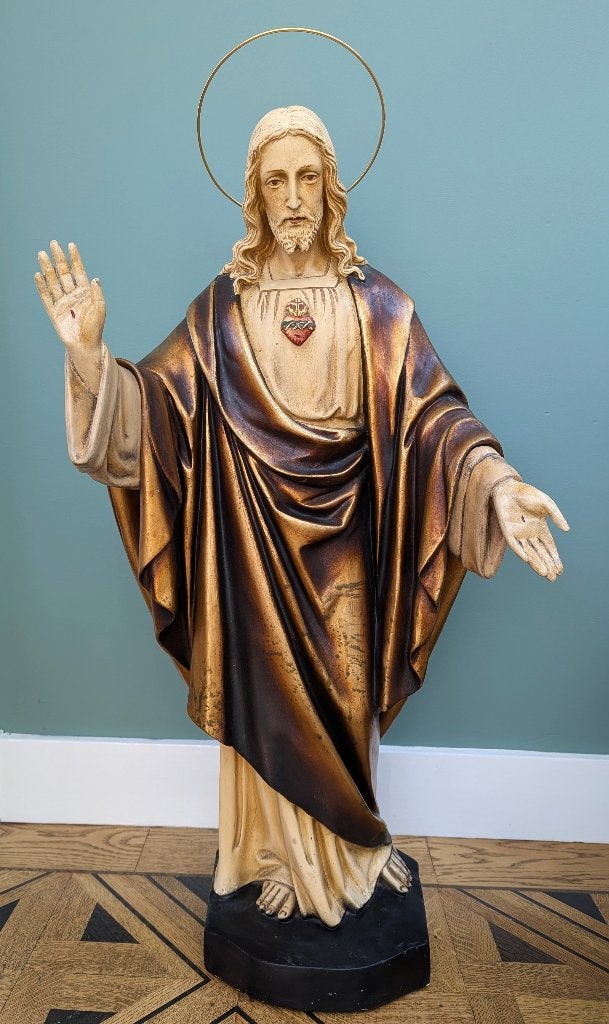 Groot antiek Heilig Hartbeeld Jezus Christus KTK 1922 (92cm), Antiek en Kunst, Ophalen