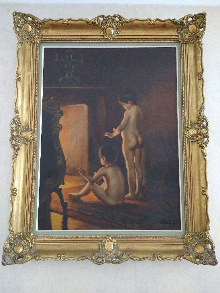 klassiek schilderij "kinderen bij de haard", Doek, Portret of Personen, Klassiek, Ophalen