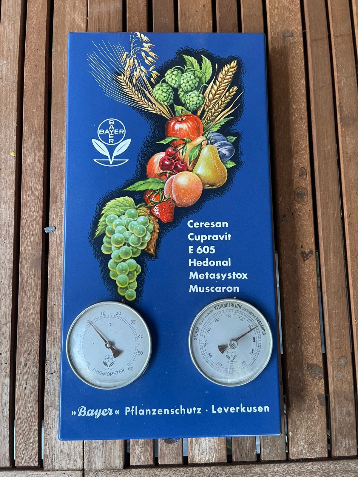 Emaille thermometer/barometer Bayer, Ophalen, Gebruikt, Reclamebord