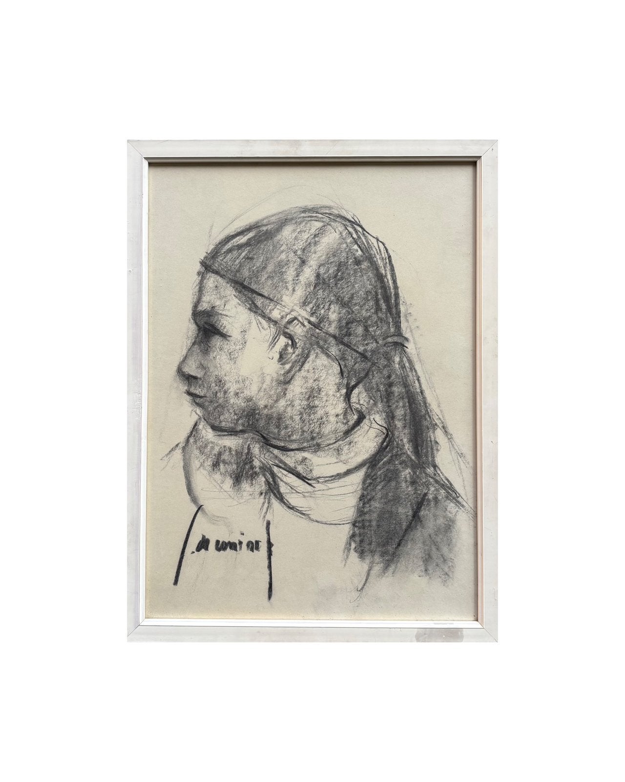 Dessin au fusain d'une jeune femme par Jef De Coninck, Antiquités & Art, Enlèvement, Dessin, Dessin au fusain, Sous verre