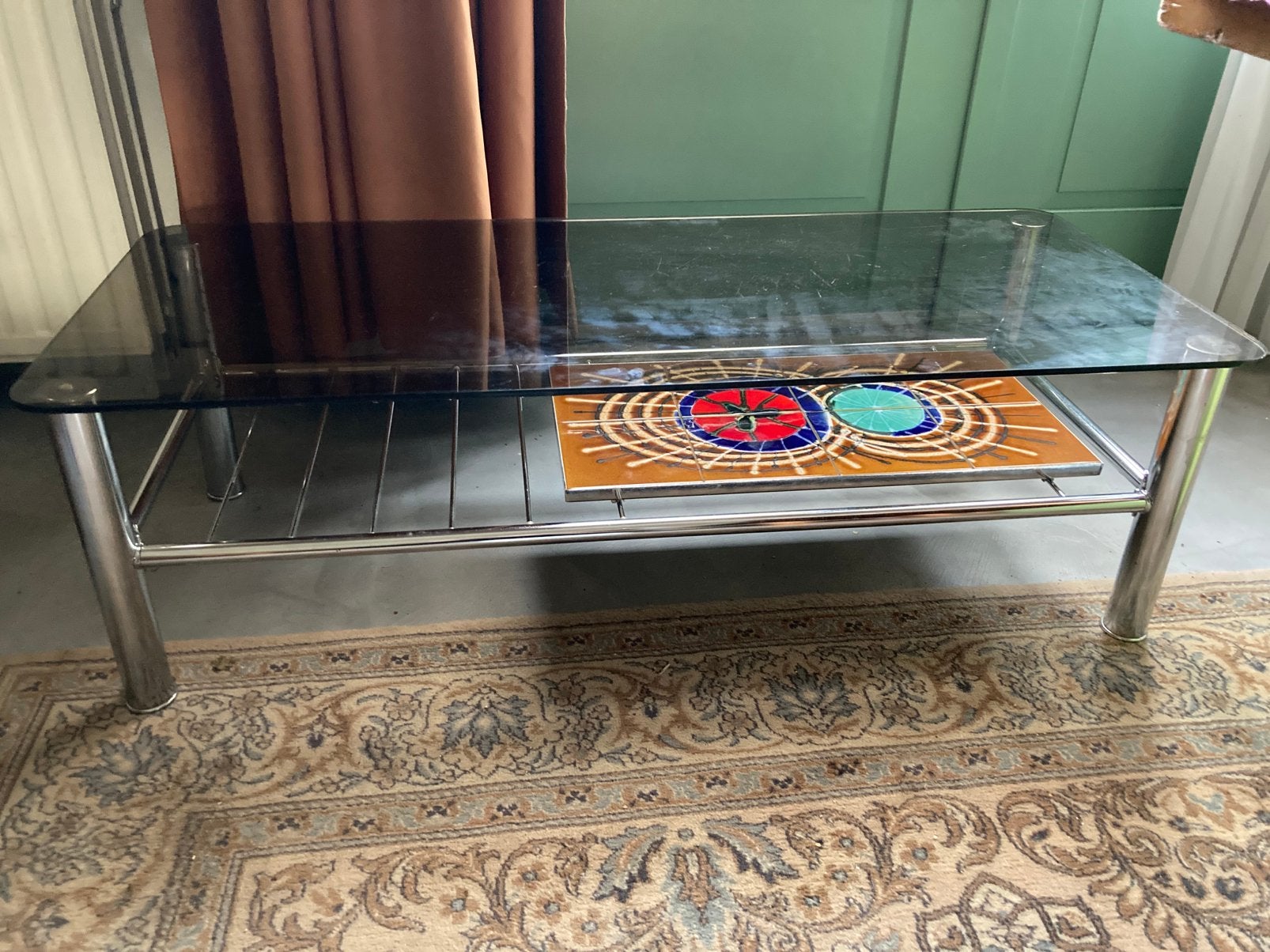 Table basse vintage - Juliette Berlati - Années 70, Maison & Meubles, Enlèvement, Comme neuf, Verre