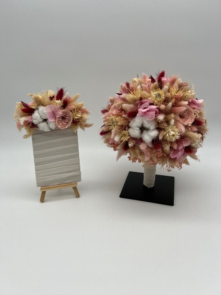 Handgemaakt droogbloemen bruidsboeket + borstzak + standaard, Ophalen, Zo goed als nieuw