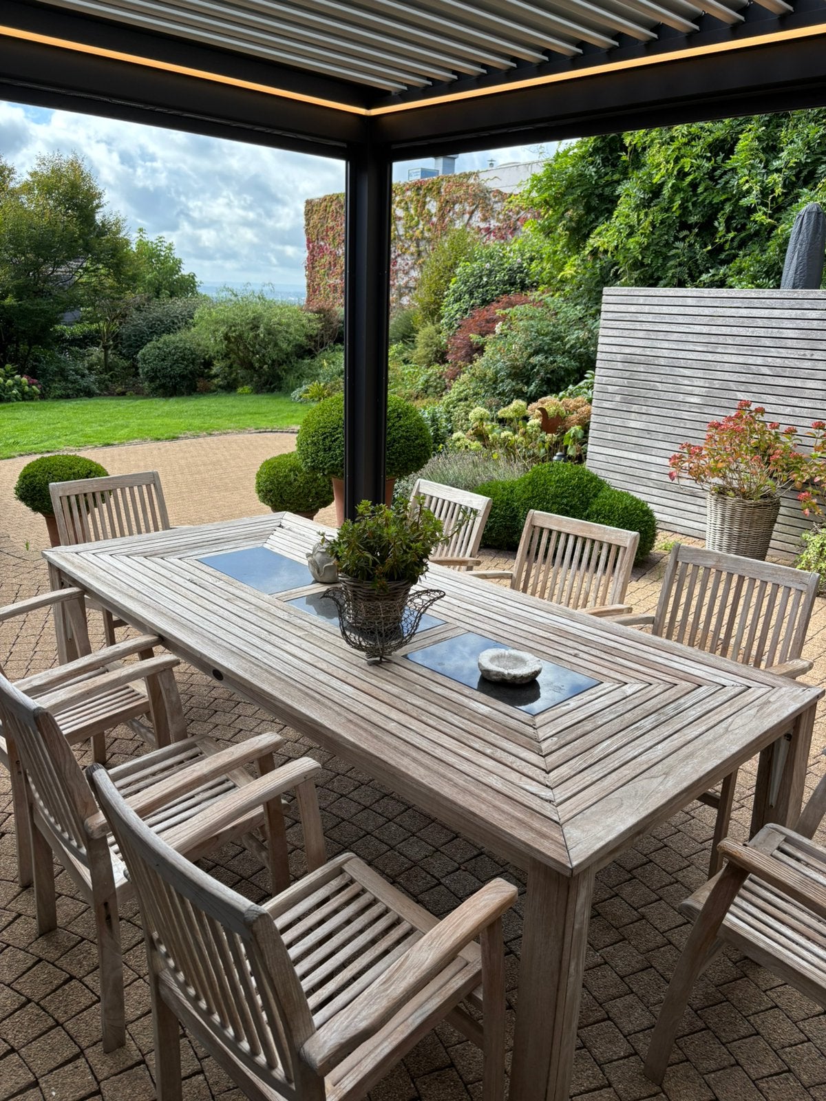 Table à manger extérieure 8 personnes en bois + chaises, Gebruikt, 150 tot 200 cm, Eikenhout, 200 cm of meer