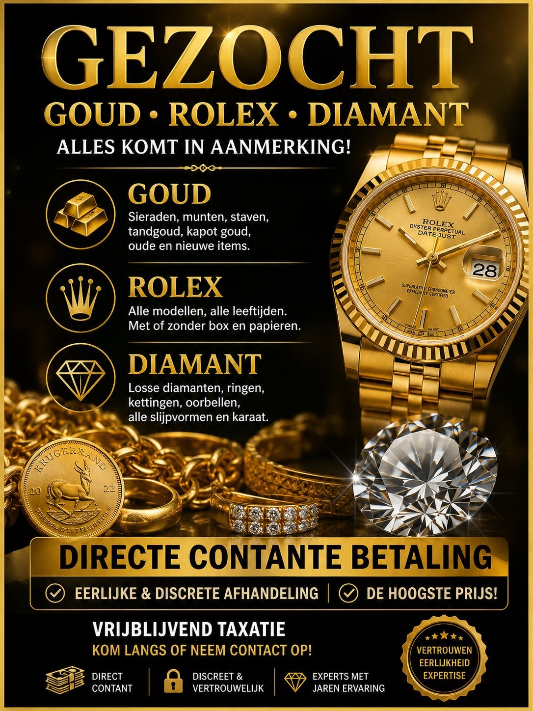 GEZOCHT: GOUD, ROLEX & DIAMANTEN, Antiek en Kunst, Ophalen, Goud