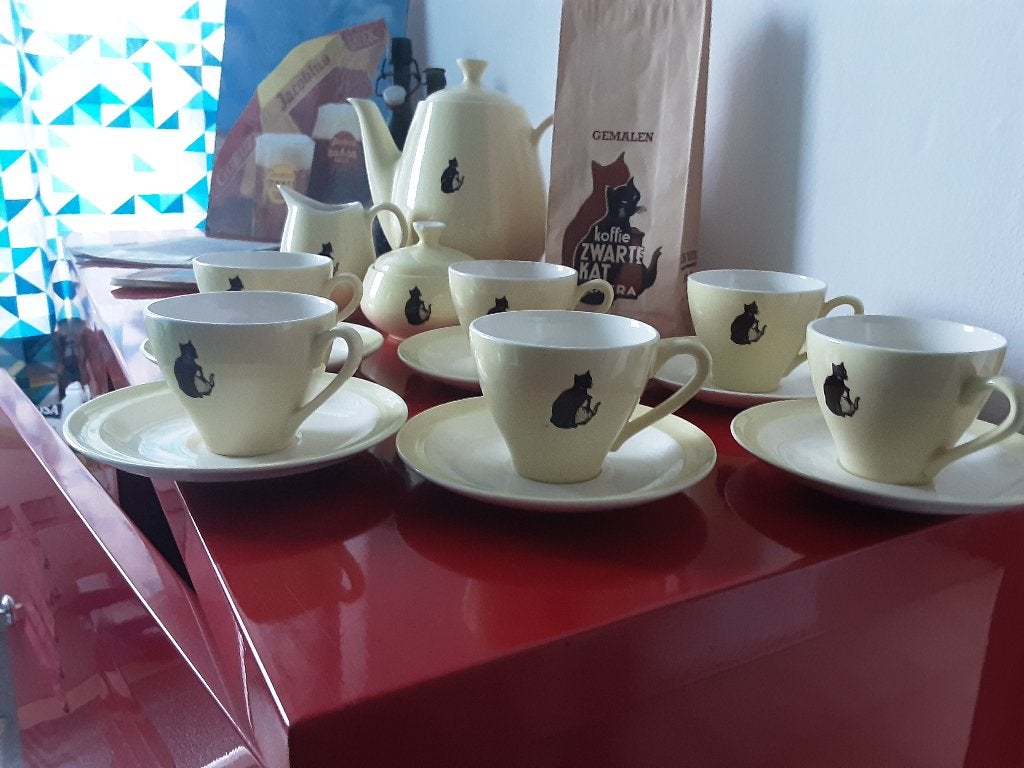 6 delig orgineel koffie service zwartekat, Ophalen of Verzenden, Zo goed als nieuw