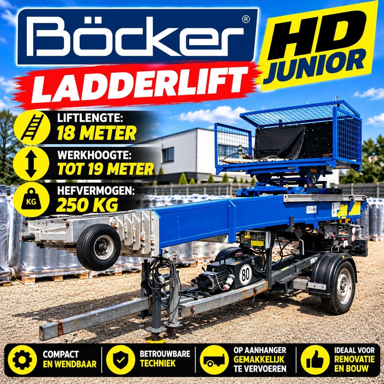 Böcker HD Junior ladderlift 18 m – 220V – € 6.950, Doe-het-zelf en Bouw, Ophalen, Zo goed als nieuw, Bouwlift