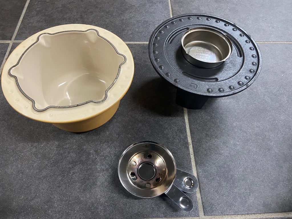 Originele Vintage Le Creuset Fondueset + 12 vorken, Enlèvement ou Envoi, Comme neuf, Brûleur, Service à fondue