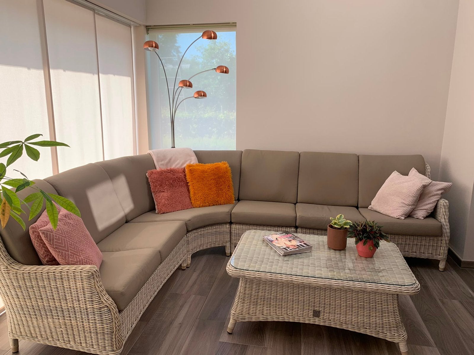 Veranda lounge, zetel + tafel, Ophalen, Zo goed als nieuw, Overige materialen, Kunststof rotan