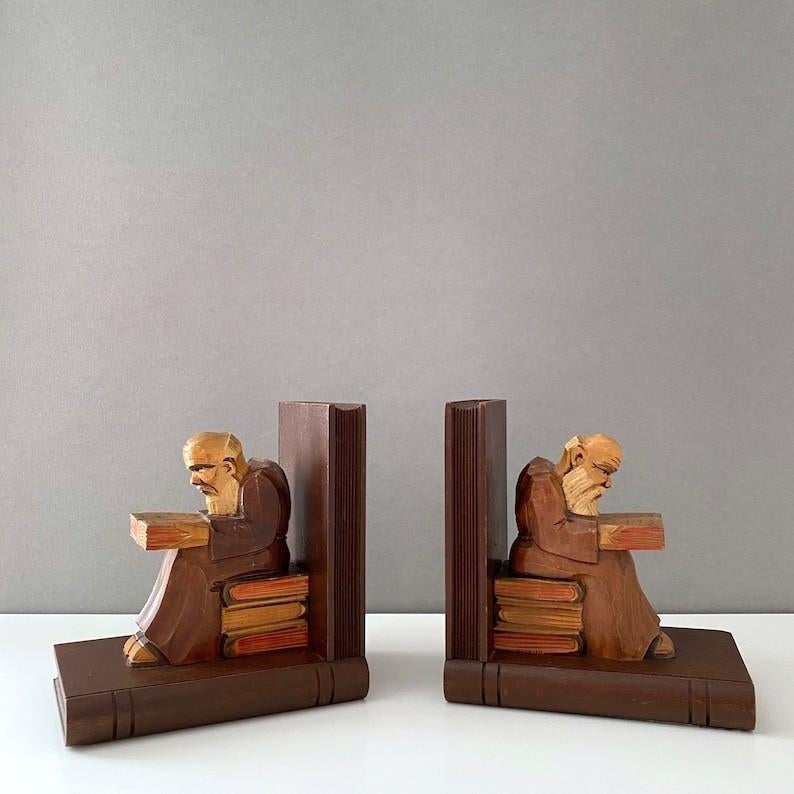 Vintage houten boekensteunen – lezende figuren / monniken, Ophalen of Verzenden