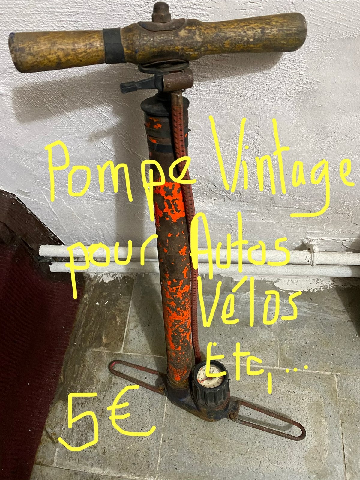 Oldtimer- en fietspomp met drukmeter, prijs: 5€, Ophalen of Verzenden, Drukmeter, Gebruikt