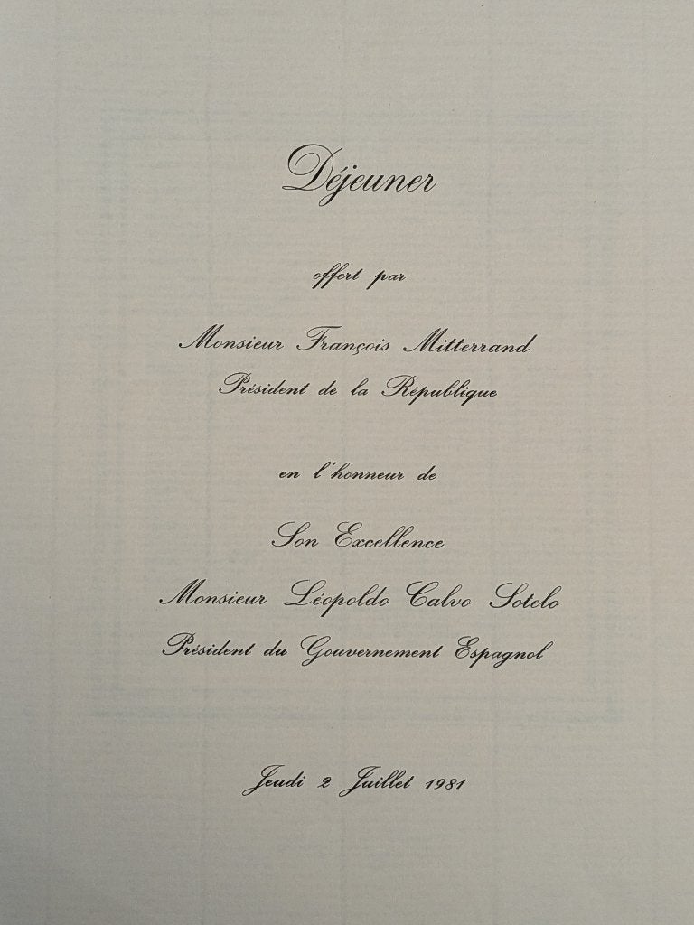 Menukaart staatslunch Elysée, President François Mitterand, Antiquités & Art, Enlèvement ou Envoi