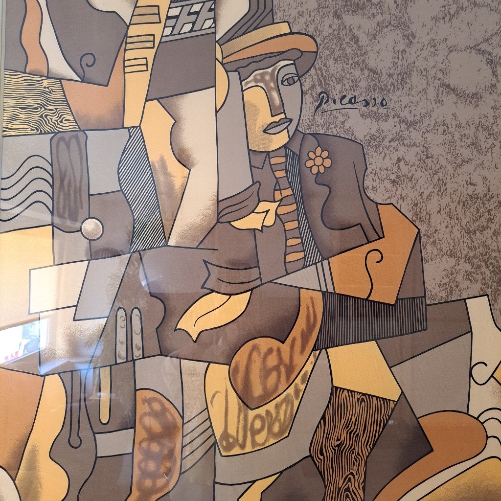 Ingelijste vintage sjaal SunKyungSa, abstract "Picasso", Antiek en Kunst, Ophalen, Abstract, Portret of Personen, Achter glas