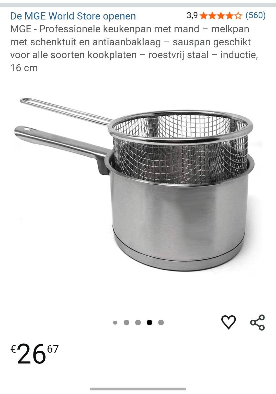 Frituurpan, Geschikt voor inductie, Ophalen, Inox, Frituurpan