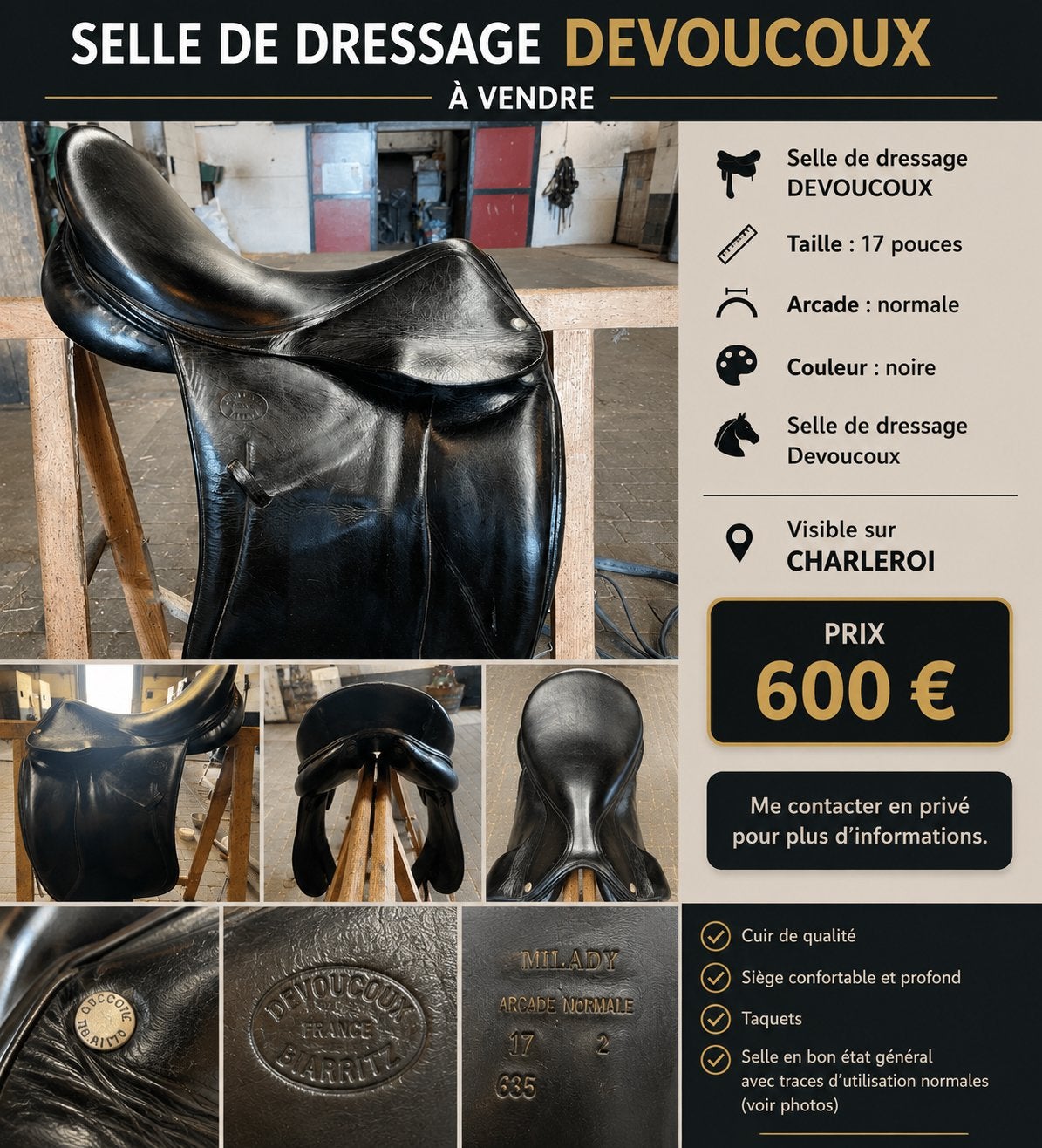 Selle de dressage devoucoux, Animaux & Accessoires, Enlèvement, Utilisé, Autres marques, Dressage