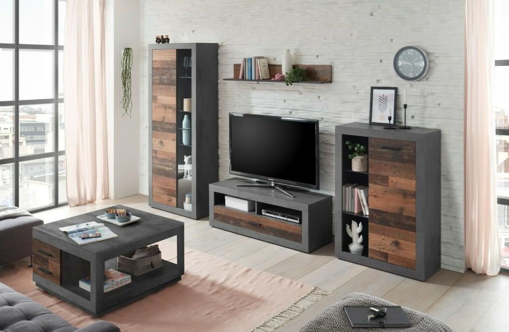 Complete woonkamerset betonlook/vintage hout, Huis en Inrichting, Kasten |Televisiemeubels, Nieuw, 200 cm of meer, 150 tot 200 cm