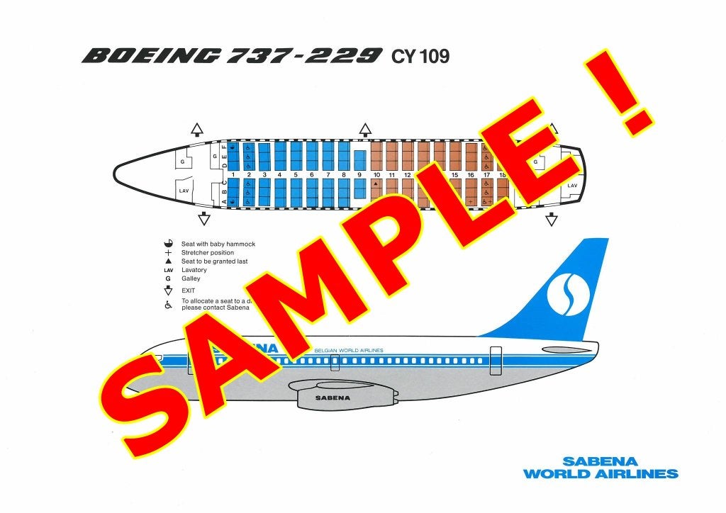 Affiche Sabena Plan sièges de l'avion Boeing B737-229 CY109, Collections, Souvenirs Sabena, Enlèvement ou Envoi, Neuf