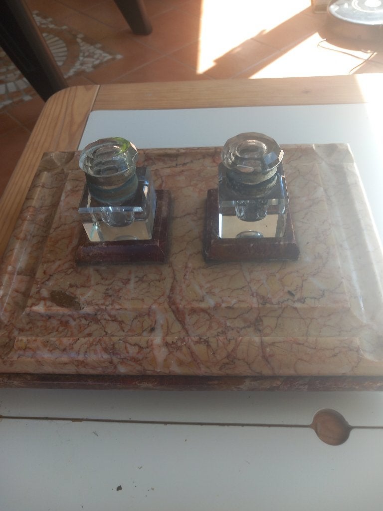 ️ Antieke inktpot voor dubbel bureau - Marmer en glas, Antiek en Kunst, Antiek | Kantoor en Zakelijk, Ophalen